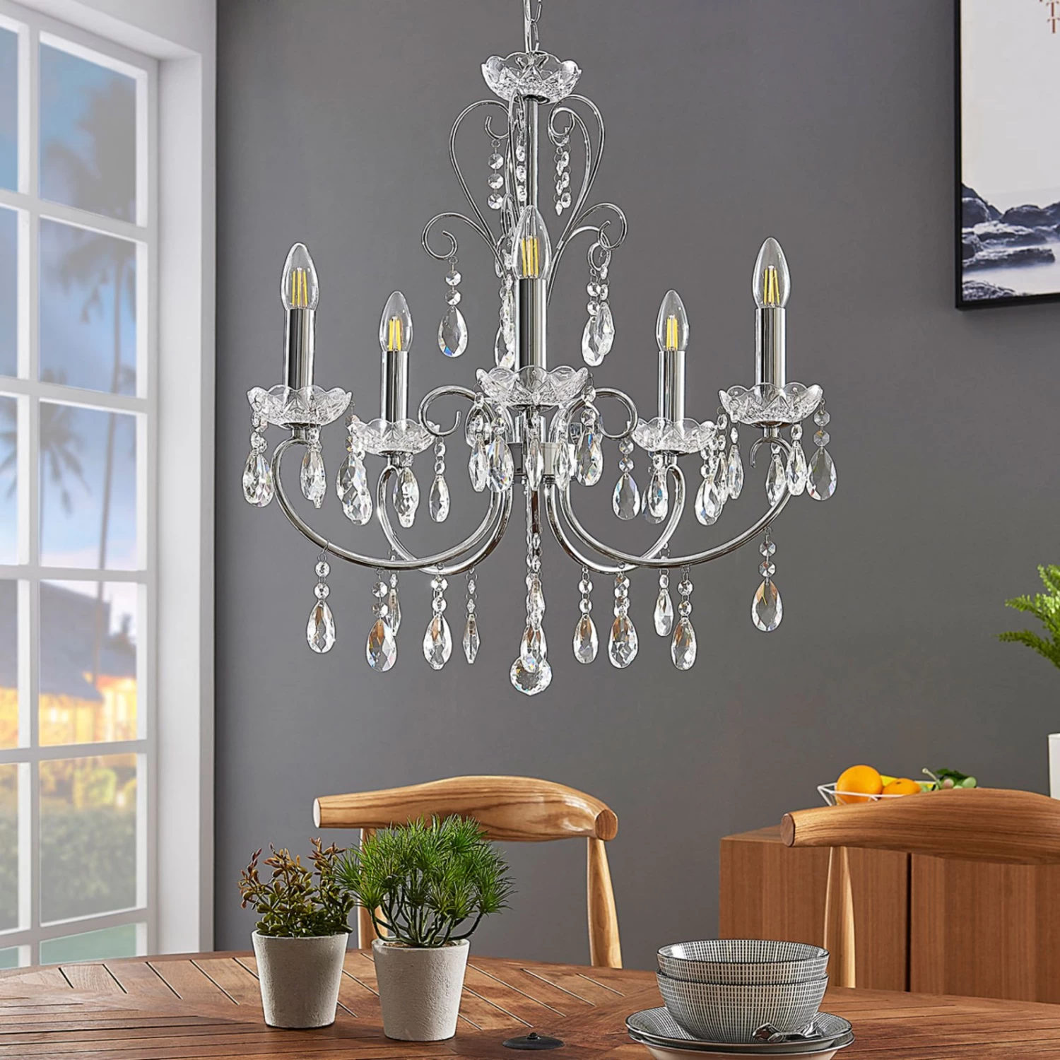 Lucande Kronleuchter Solveig Mit Kristallen, 5-fl., Chrom – Bild 2