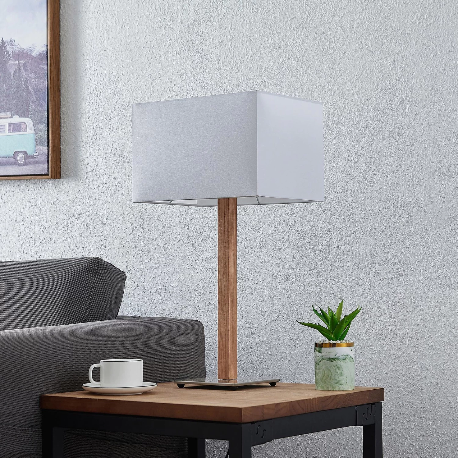 Lucande Heily Tischleuchte, Holz, Eckig, Weiß – Bild 2