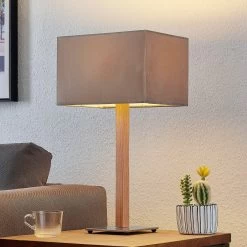 Lucande Heily Tischleuchte, Holz, Eckig, Grau