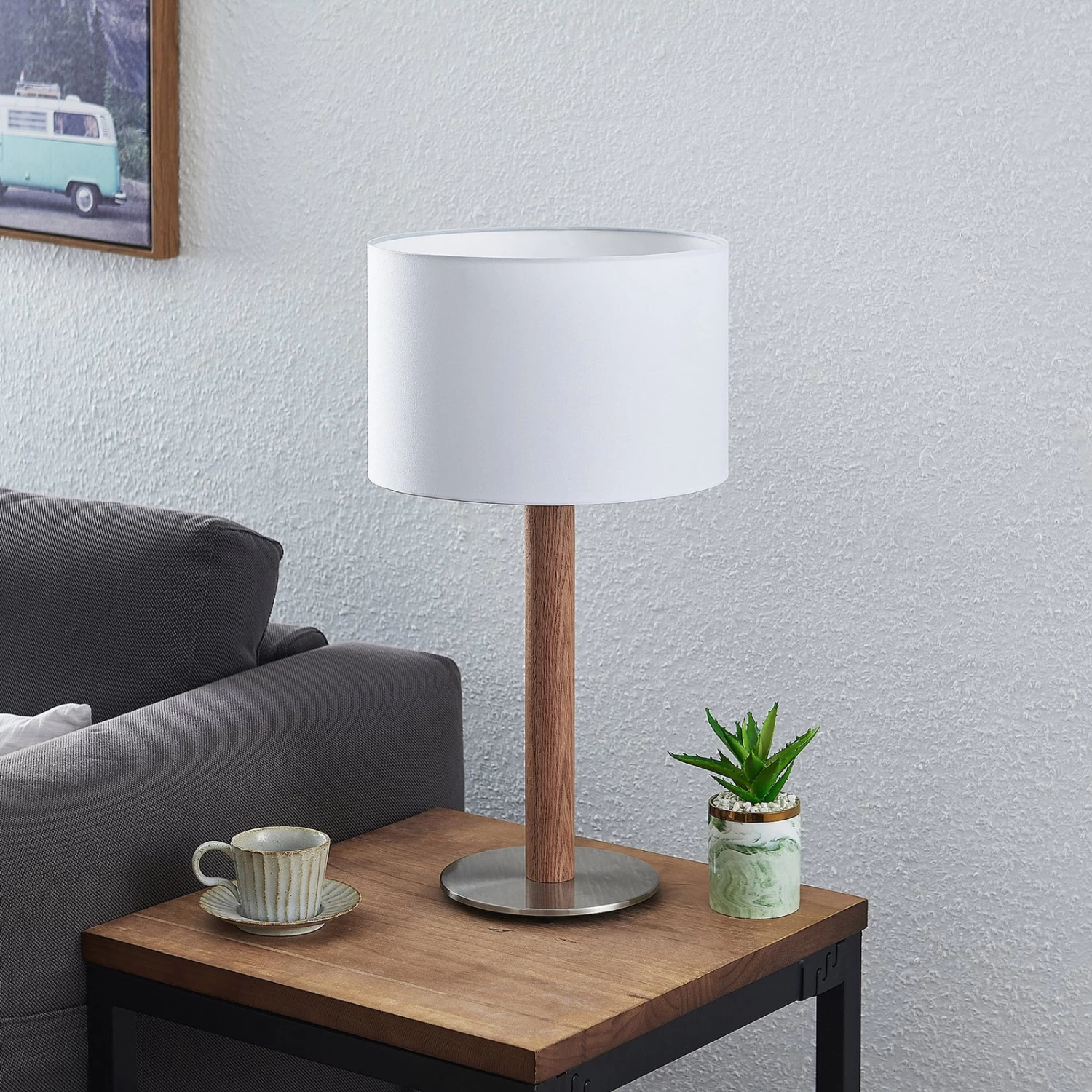 Lucande Heily Tischleuchte, Holz, Rund 21 Cm, Weiß – Bild 2